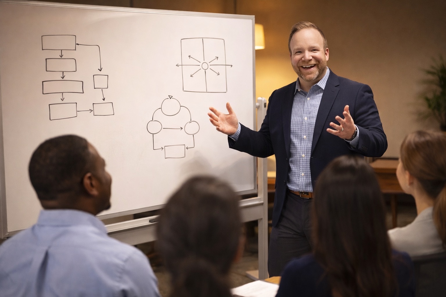 Sam Linton coaching at a whiteboard with a small group