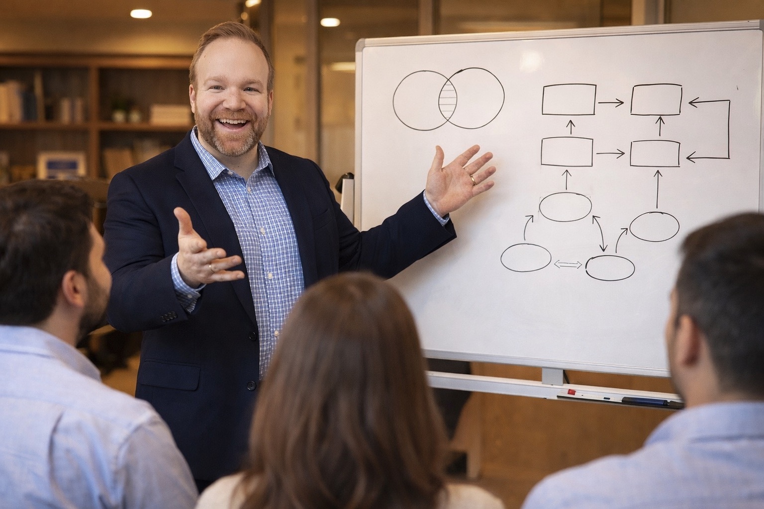 Sam Linton teaching communication frameworks at a whiteboard